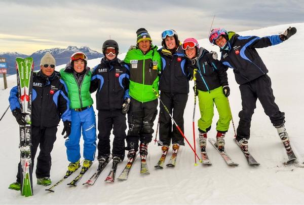 Group shot - [L-R] Igor Stros, Celine Arnold, Tim Cafe, Sasha Rearick, Meghan Barber, Giulia Faggian and Karolina Klimek after a great coaching session at Coronet Peak.